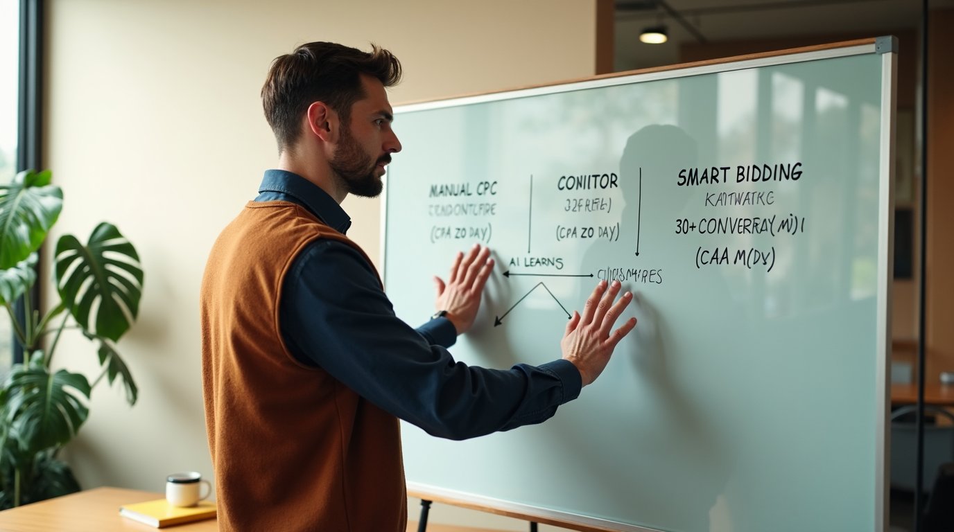 Smart Bidding Google Ads brzmi obiecująco, ale dla MŚP z niskim wolumenem konwersji bywa kosztowną pomyłką. Pokazujemy progi konwersji według dokumentacji Google, kiedy ręczna stawka wygrywa i jak nie spalić budżetu na learning period.